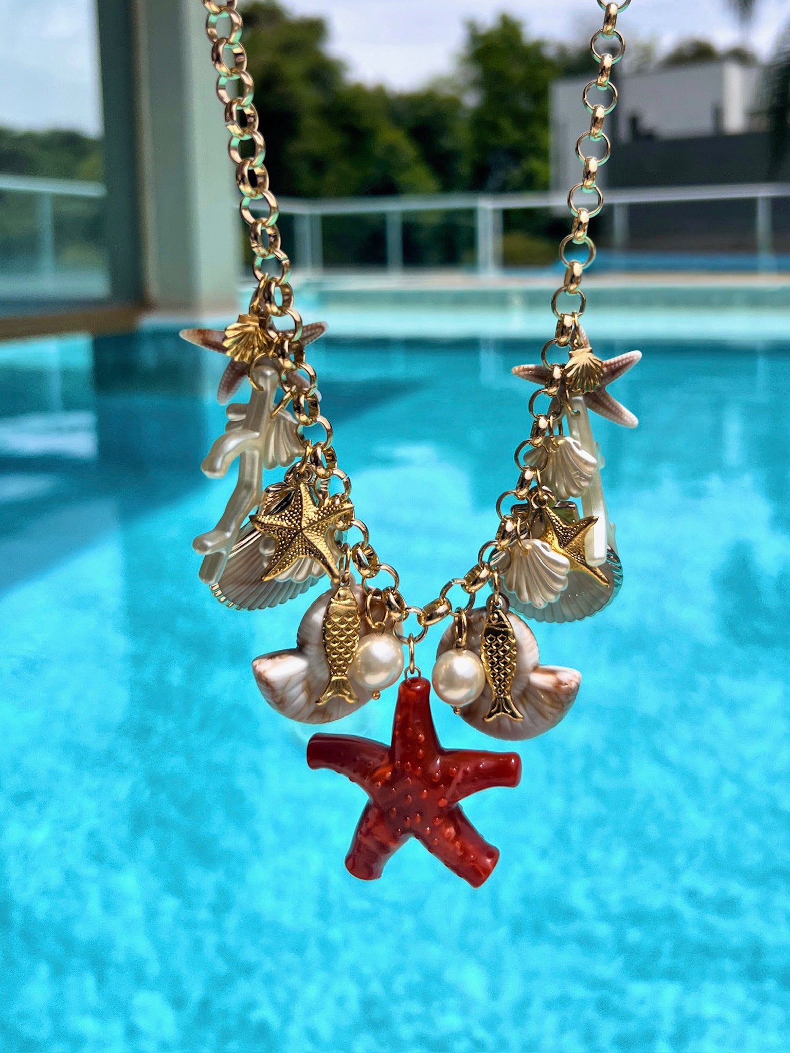 Colar Corrente Portuguesa Leve e Pingentes Mar Com Estrela Coral 50cm