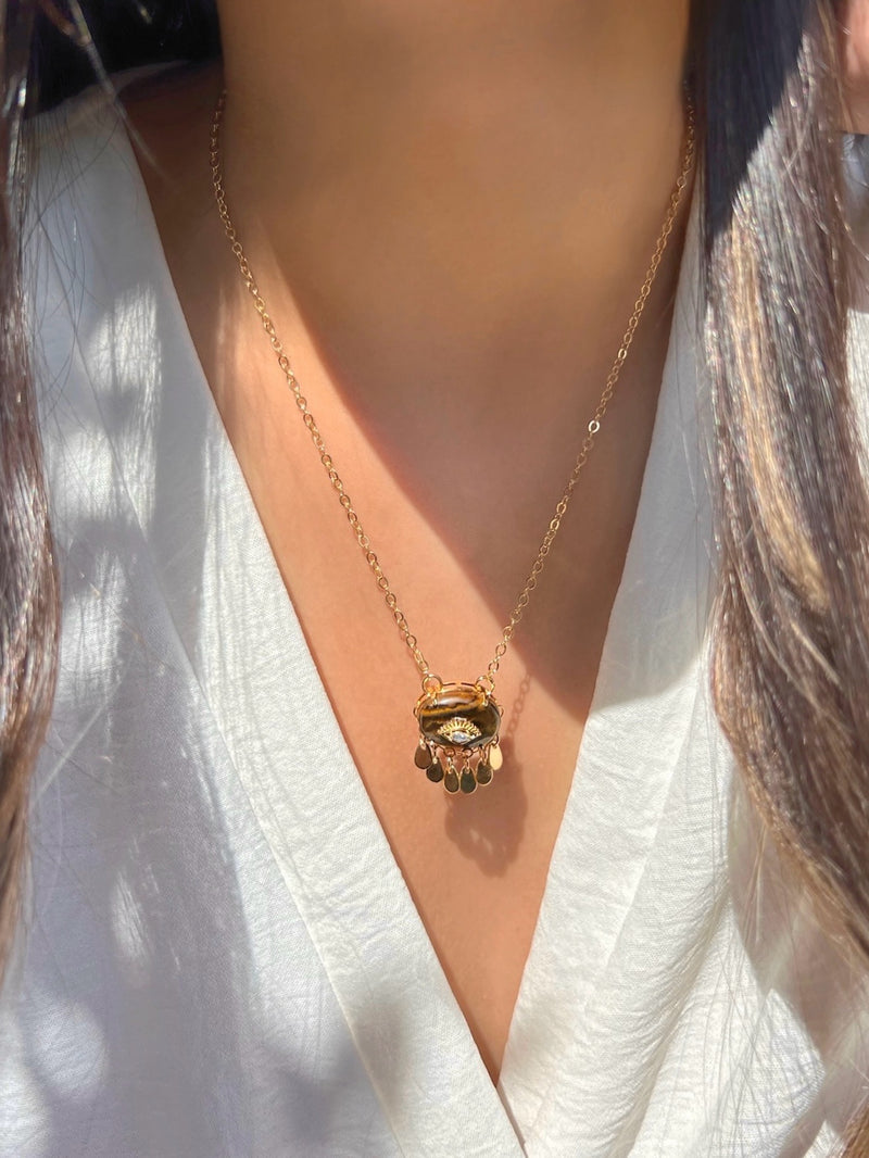 Colar Pedra Olho de Tigre E Olho Cravejado E Pingente Gotas 45cm