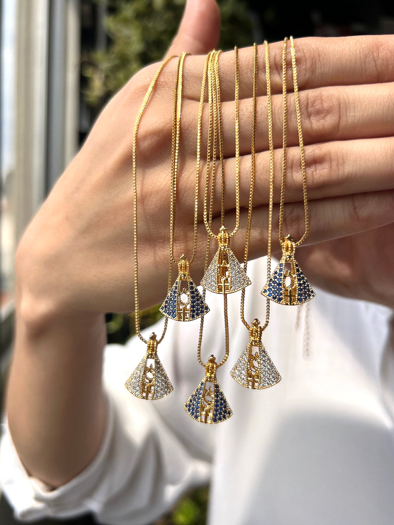Colar Corrente Veneziana Nossa Senhora Aparecida Dupla Face Zircônias 45cm