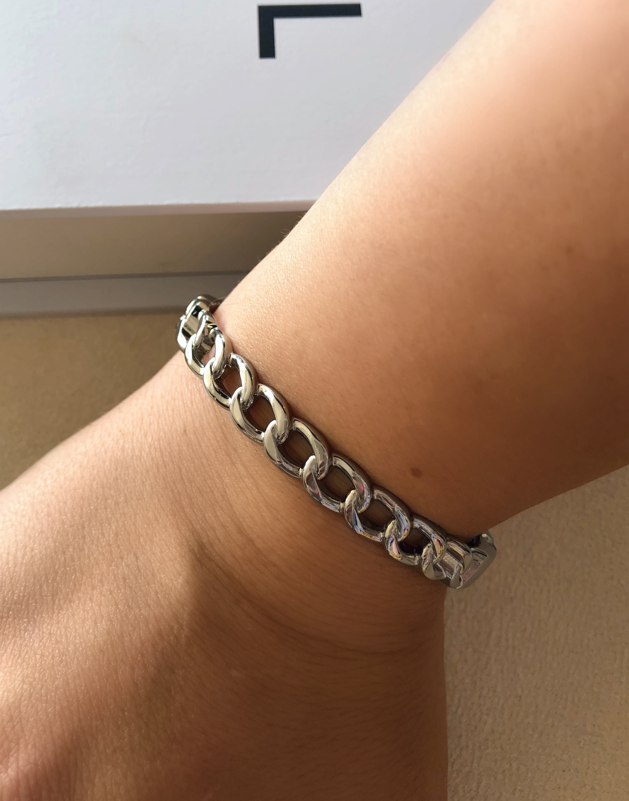 Bracelete Elos Grumê Fino Ródio Branco 17cm