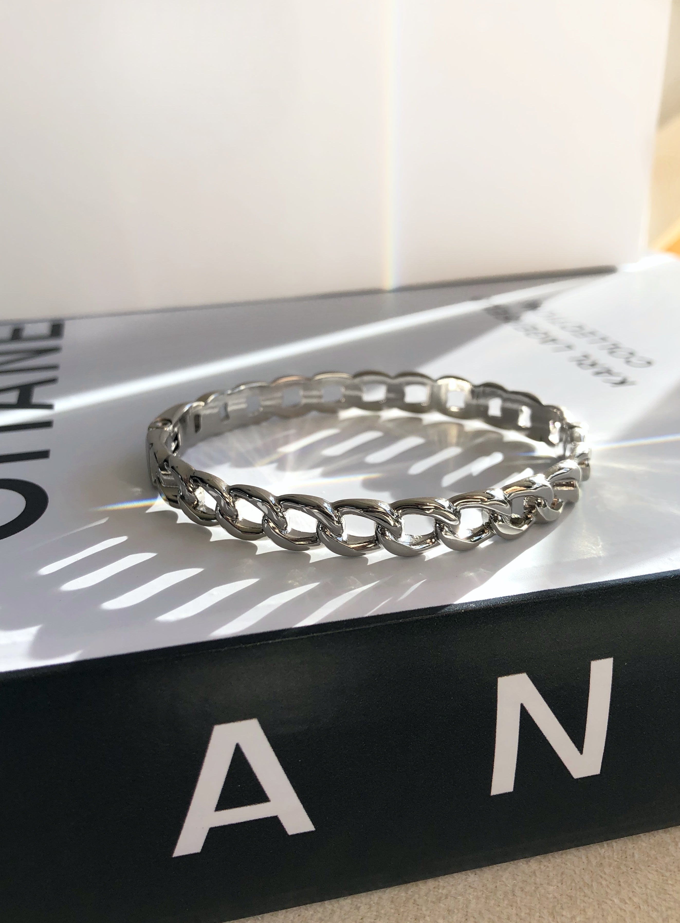 Bracelete Elos Grumê Fino Ródio Branco 17cm