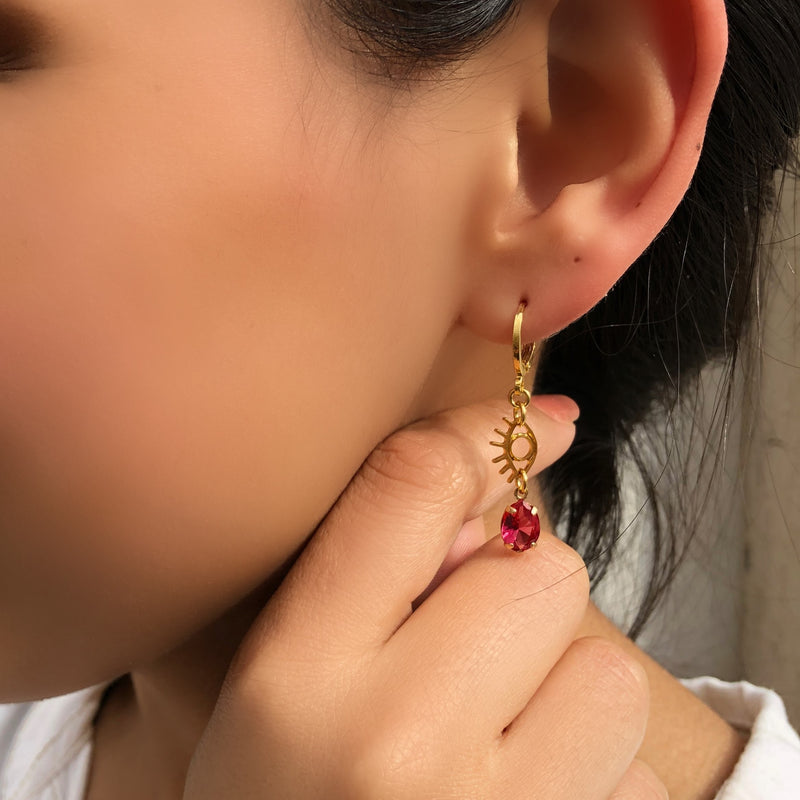 Par De Brincos Argola Com Olho Grego E Gota Cristal Lapidado Cor Rubelita