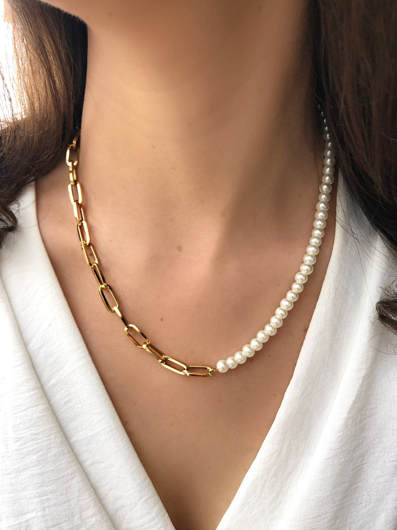 Colar Duo Corrente Elos Media E Perolas De Vidro