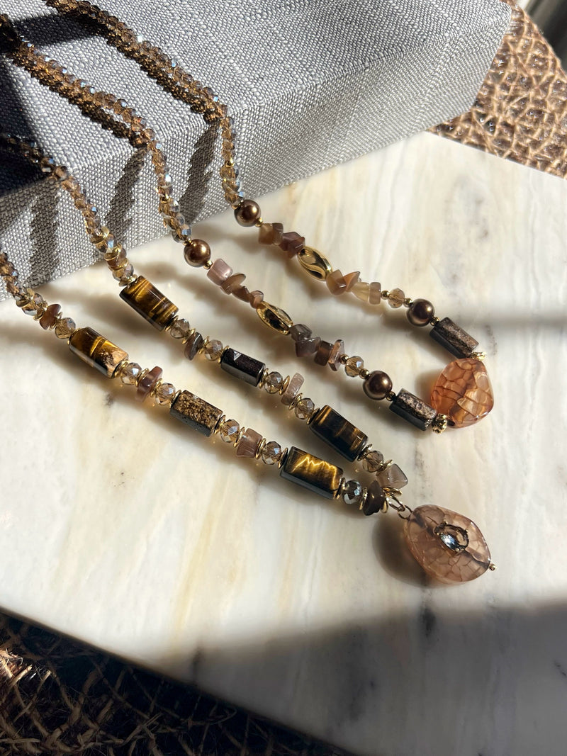 Mix De Dois Colares Pedra Natural Ágata Marrom E Olho De Tigre