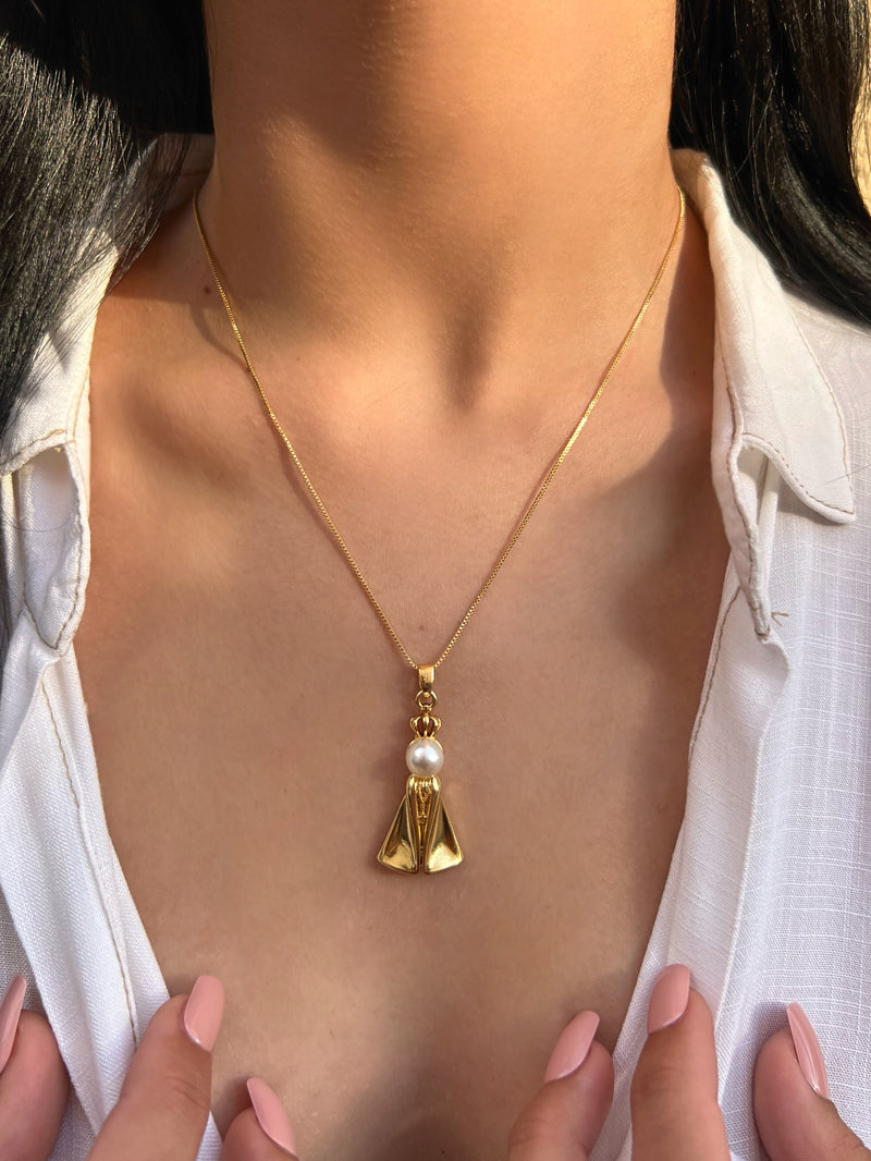 Colar Veneziana Nossa Senhora Com Pérola Banho Ouro 18k
