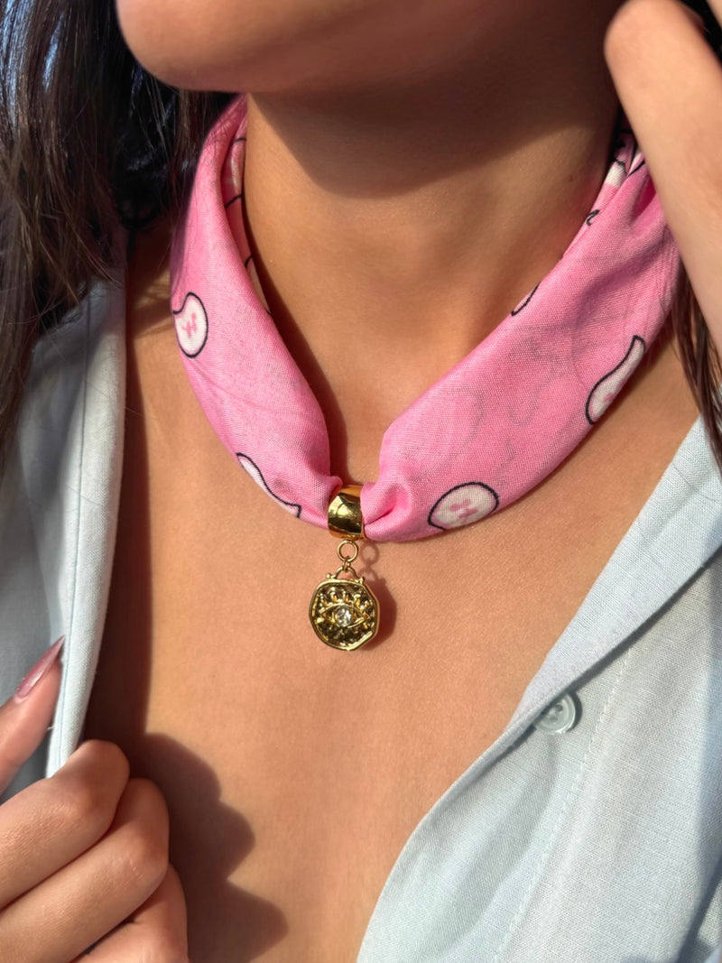 Colar Lenço Rosa Pingente Olho Grego