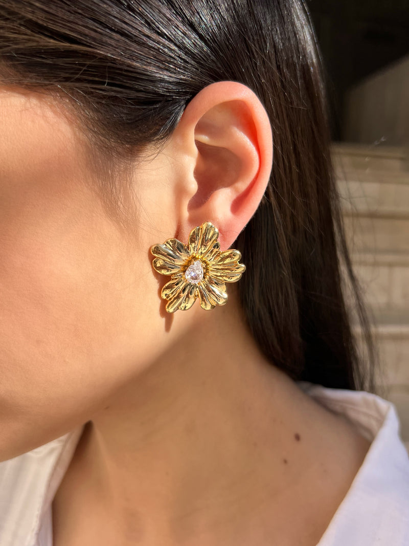 Par De Brincos Flor Com Zircônia Banho Ouro 18k