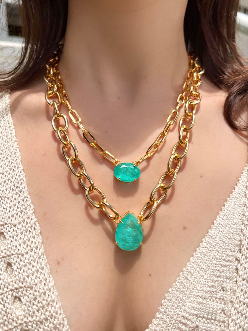 Mix De Colares Elos Com Cristal Lapidado Oval E Gota Fusion Cor Turmalina Paraíba