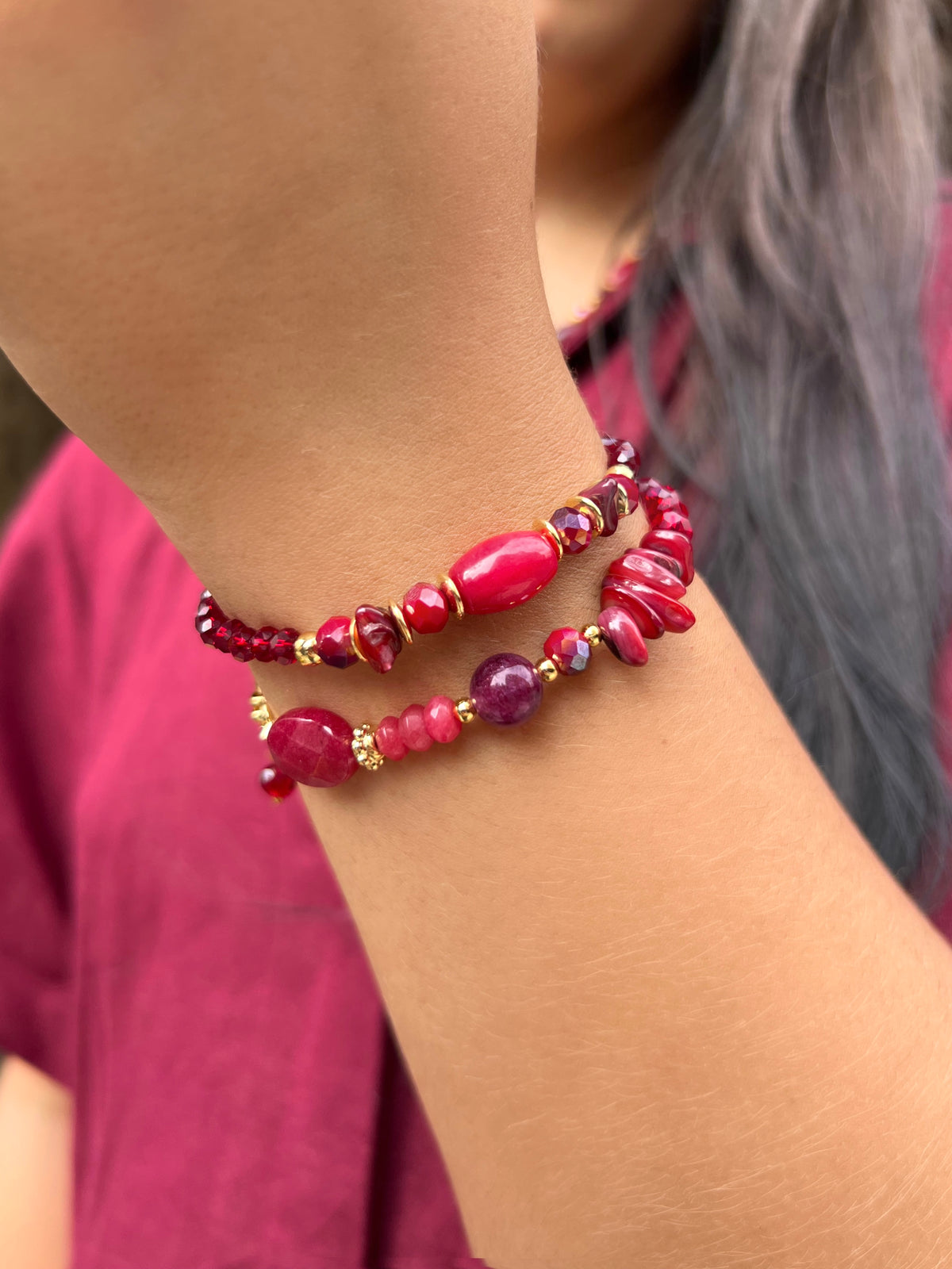 Mix de Pulseiras Pedra Natural Jade Rubi Fecho Bóia