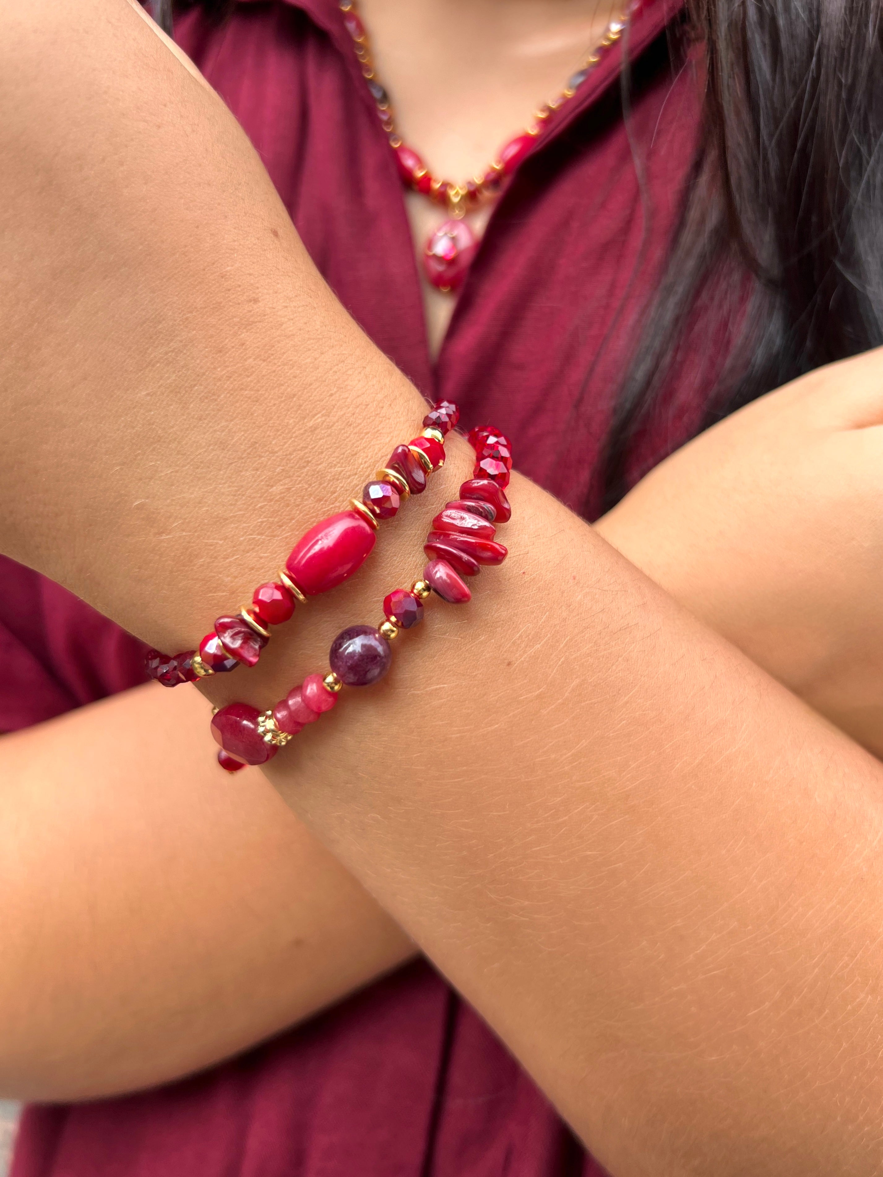 Mix de Pulseiras Pedra Natural Jade Rubi Fecho Bóia