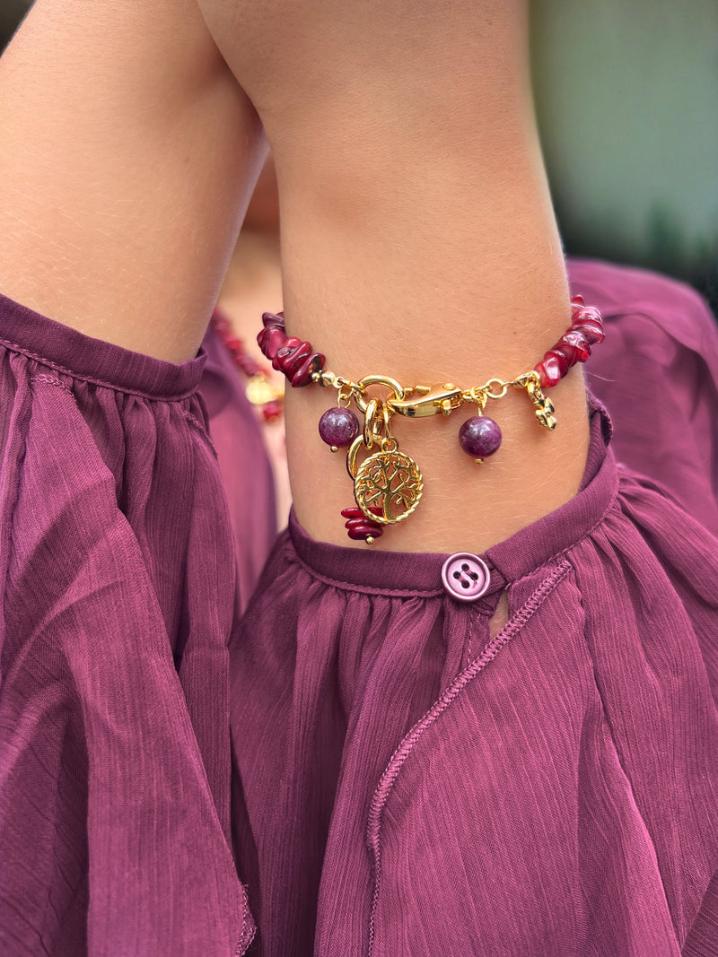 Pulseira Cascalho Vermelho E Pins