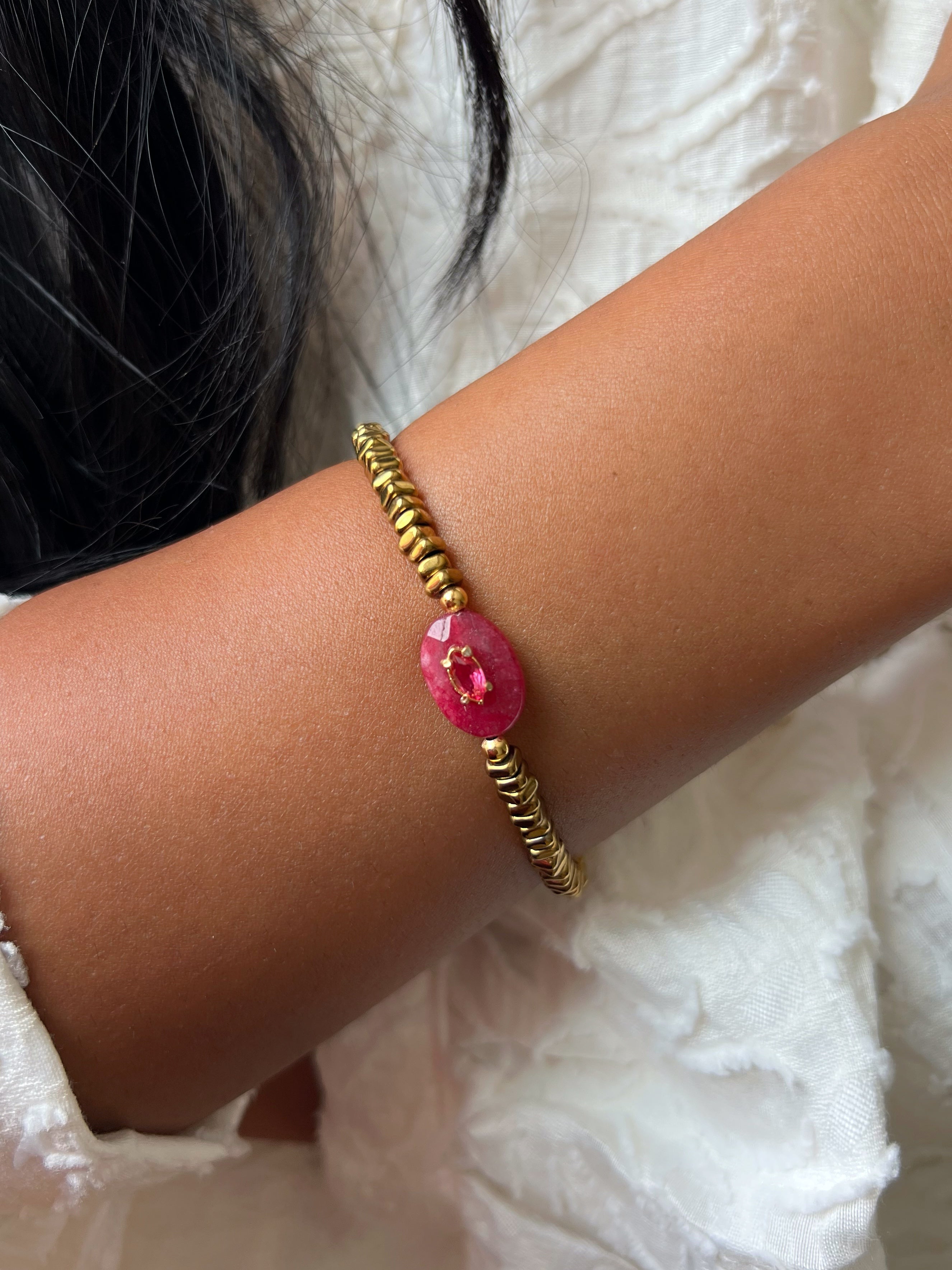 Pulseira Hematita Com Pedra Jade Rubi 17cm