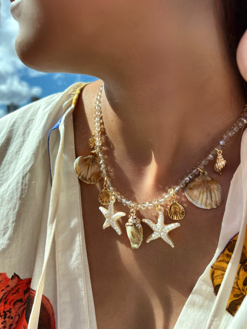Colar Linha Mar Cristais Lapidados Estrelas E Conchas 45cm