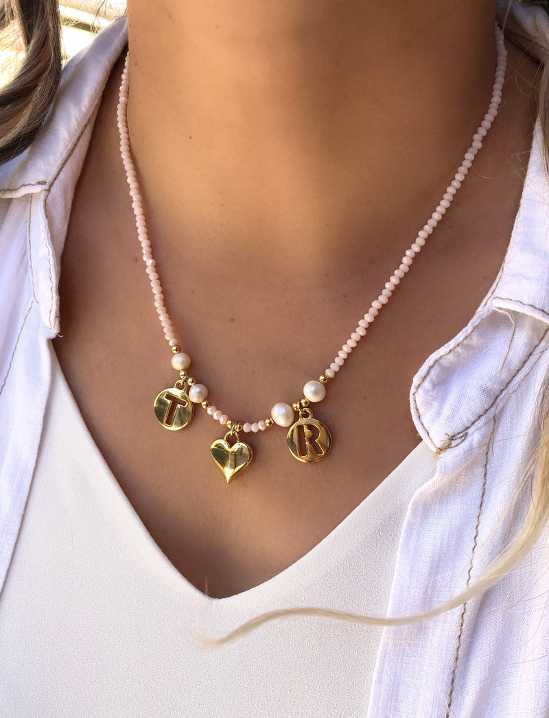 Colar Namorados Pérolas Naturais + Coração + 2 Letras