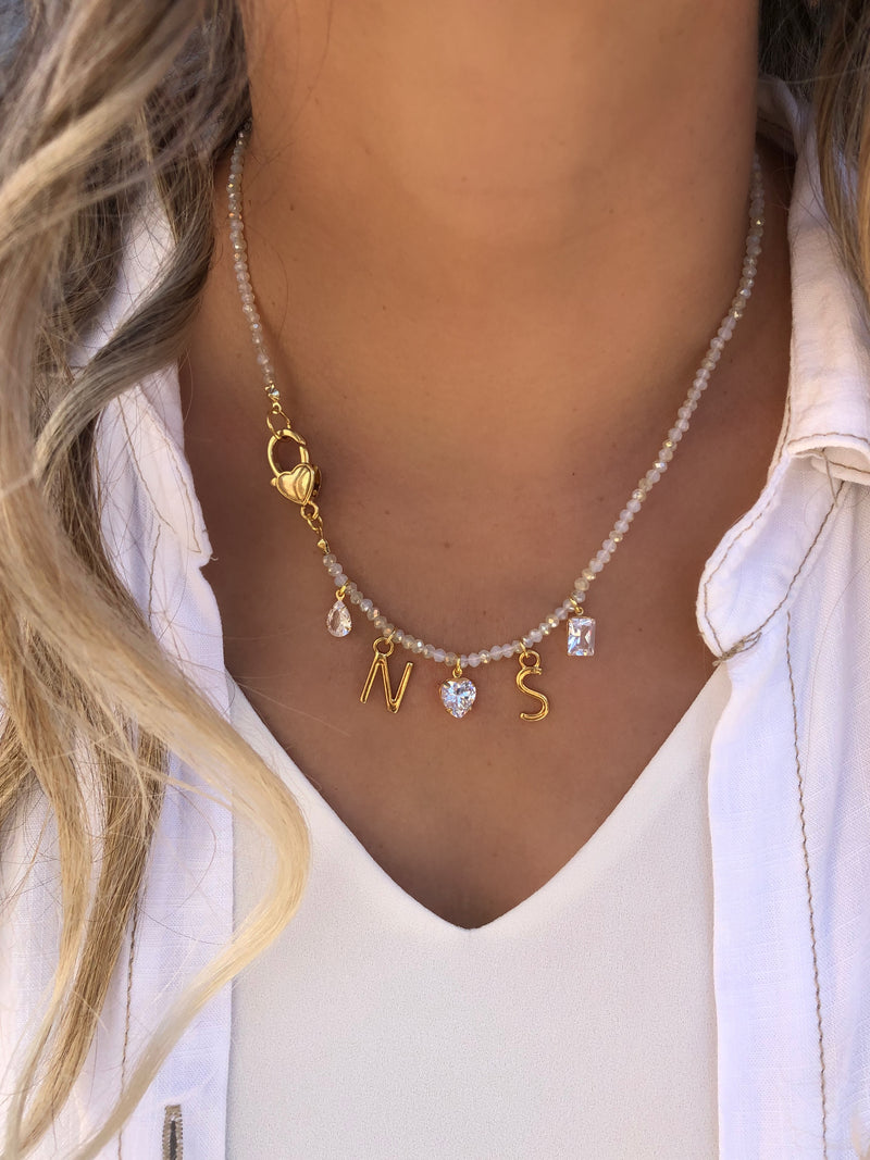 Colar Namorados 2 Letras + Formas Zircônias Brancas E Fecho Lagosta Coração