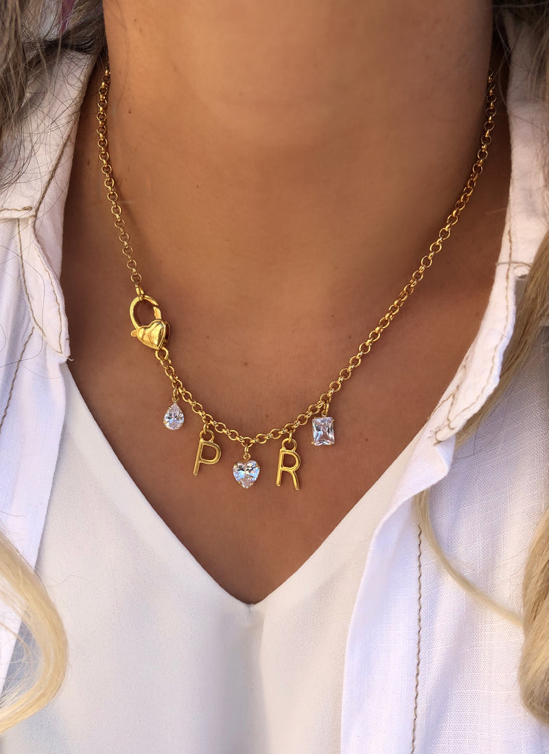 Colar Namorados Mini Portuguesa 2 Letras + Formas Zircônias Brancas E Fecho Lagosta Coração