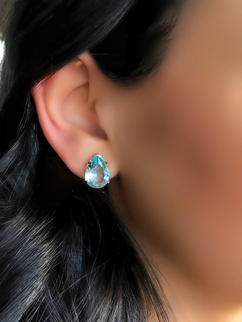 Par De Brincos Gota Cristal Lapidado Cor Água Marinha