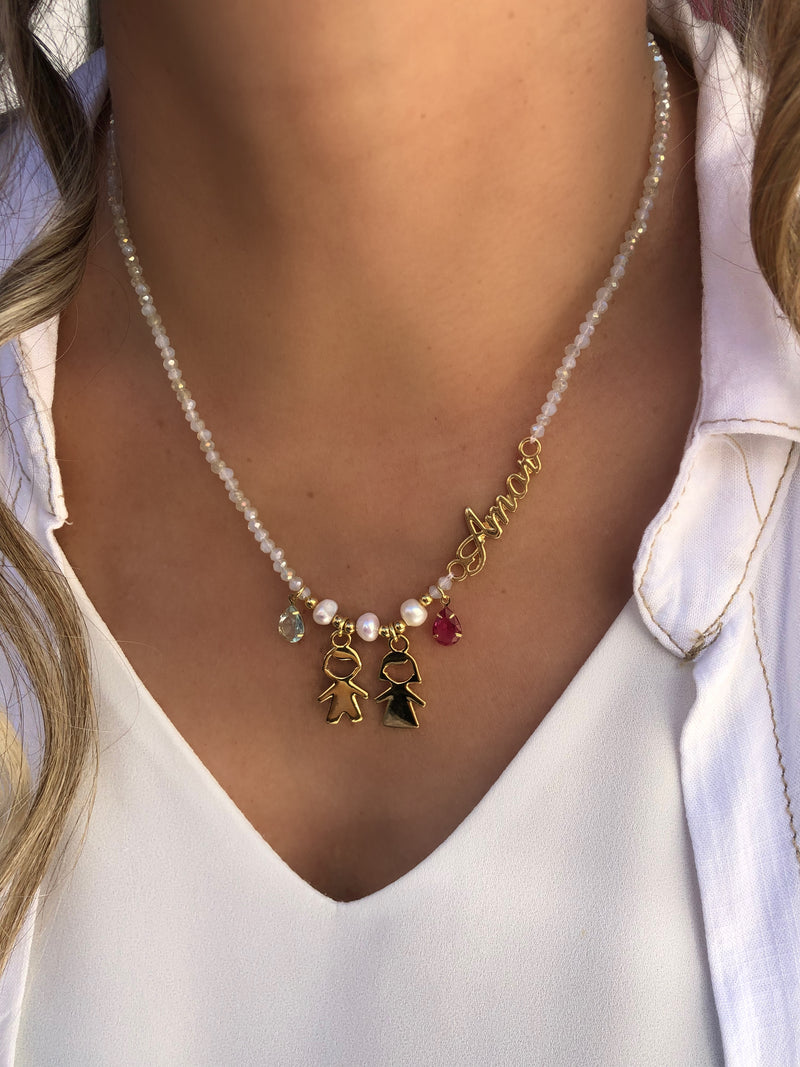 Colar Namorados Palavra Amor, Pérolas, Pedras Lapidadas Cor Pink E Água Marinha + Casal