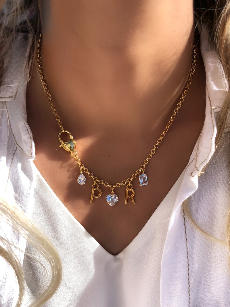 Colar Namorados Mini Portuguesa 2 Letras + Formas Zircônias Brancas E Fecho Lagosta Coração