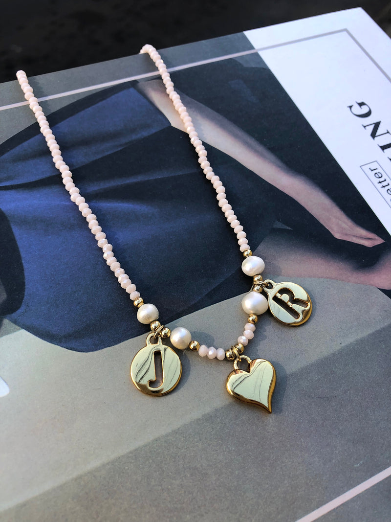 Colar Namorados Pérolas Naturais + Coração + 2 Letras