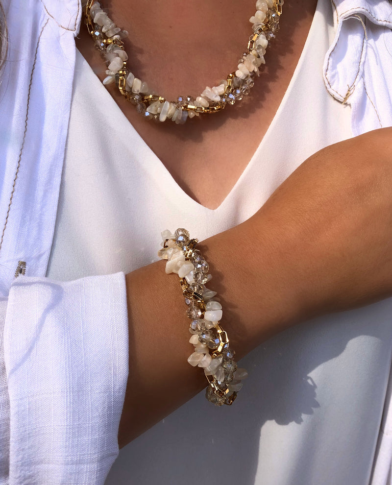 Pulseira Rebeca Torcido Com Cristais, Corrente E Cascalho Quartzo Rutilado 18cm