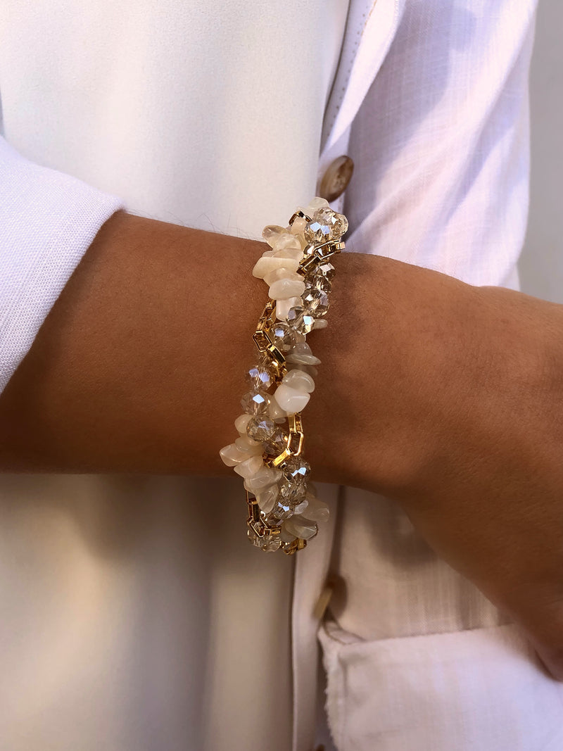 Pulseira Rebeca Torcido Com Cristais, Corrente E Cascalho Quartzo Rutilado 18cm