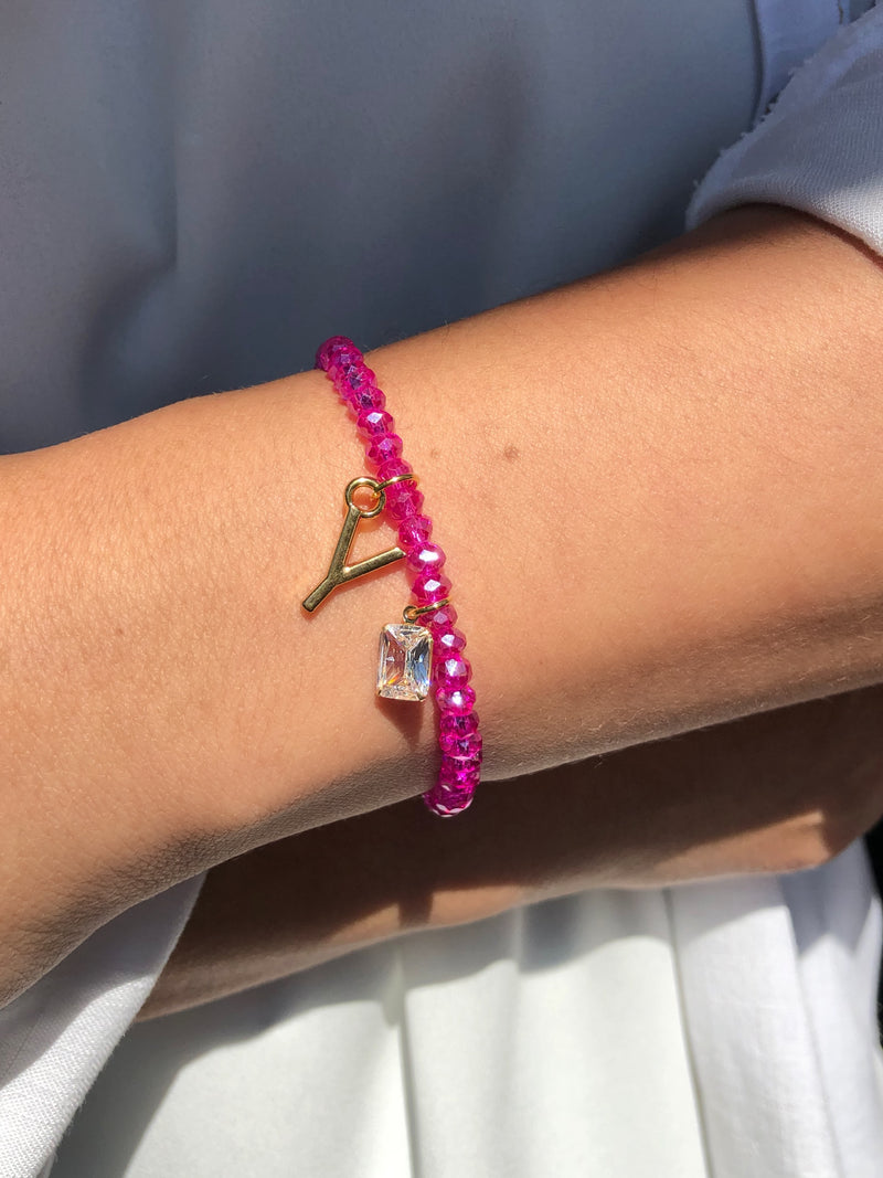 Pulseira De Cristais Lapidados Cor Pink Personalizado Letra Média Com Baguete Zircônia