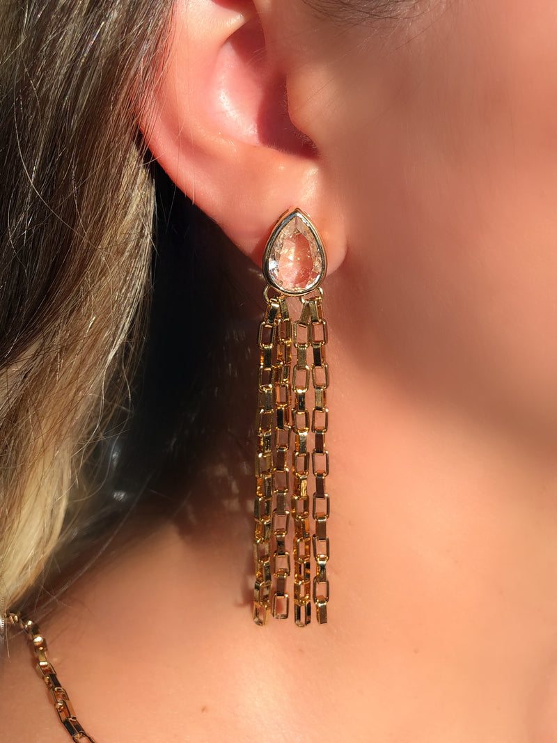 Par De Brinco De Franja Corrente Com Gota Lapidada Cor Cristal