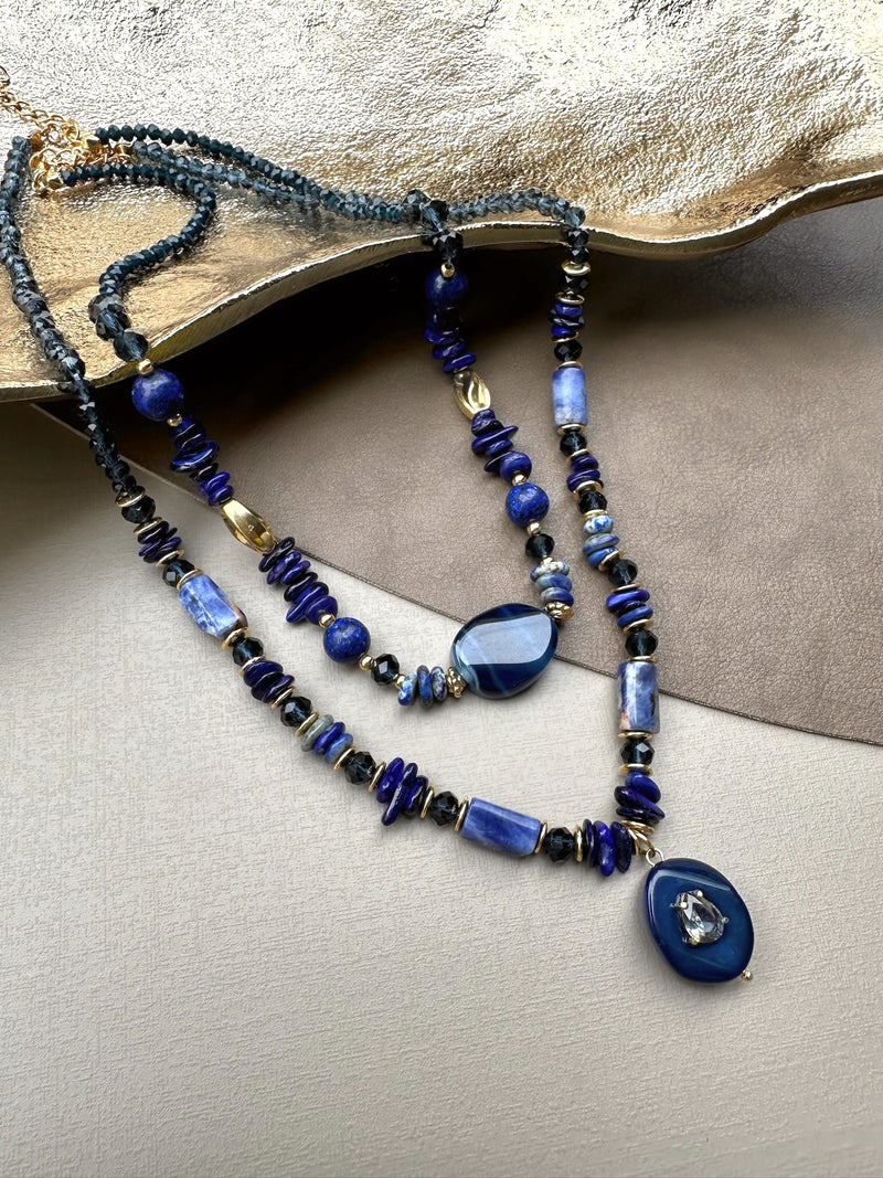 Mix De Colares Com Pedras Naturais Lapis Lazuli e Ágata Azul