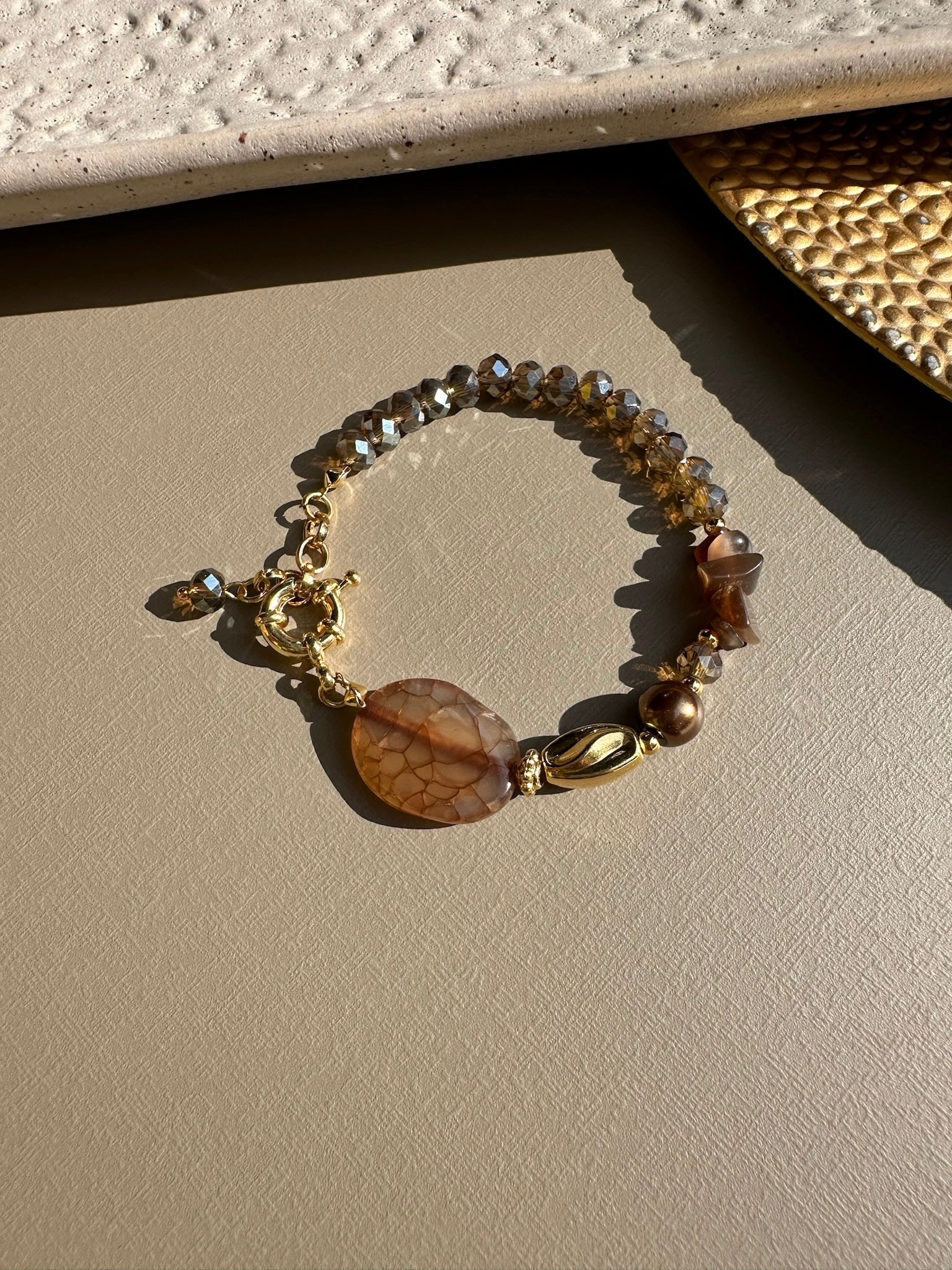 Pulseira Pedra Natural Ágata Marrom e Fecho Bóia 20cm