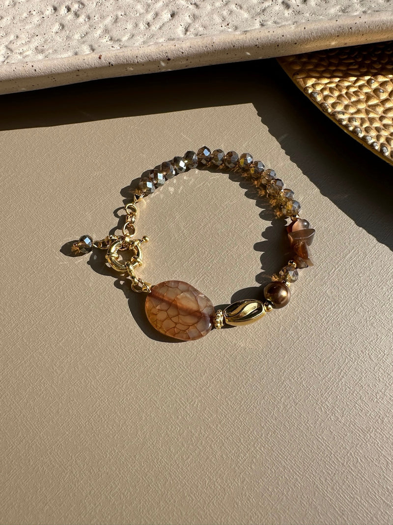 Pulseira Pedra Natural Ágata Marrom E Fecho Bóia