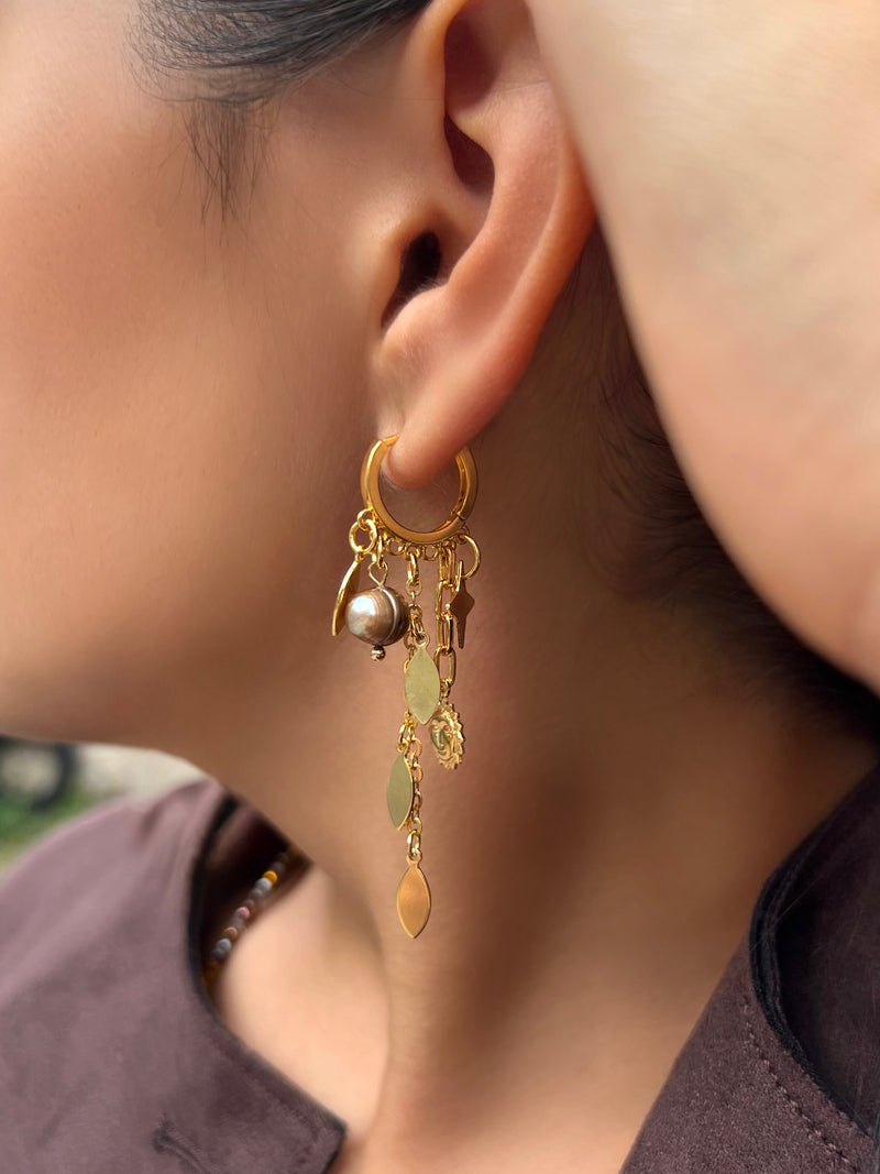 Brinco Argola Pingentes Céu E Navetes Banho Ouro