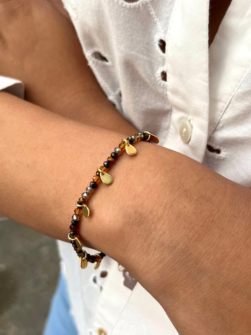 Pulseira Lais Cristais Mix Marrom E Mini Gotas Penduradas 16cm