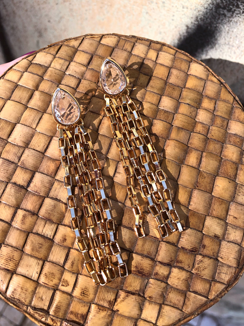 Par De Brinco De Franja Corrente Com Gota Lapidada Cor Cristal