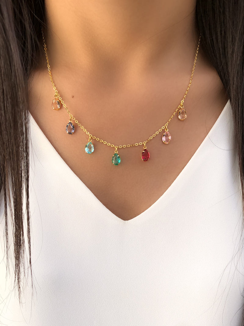 Colar Corrente Com Mini Gotas Cristais Lapidados Coloridos