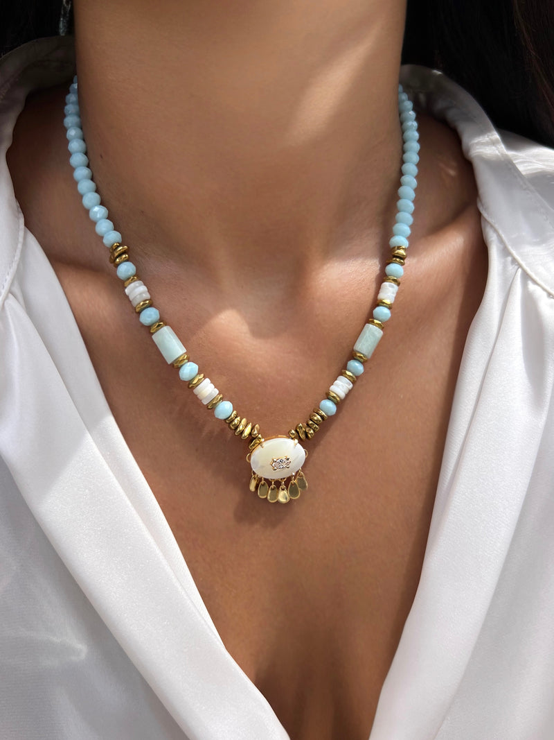 Colar Jade Azul E Madrepérola Com Gotas Penduradas 45cm