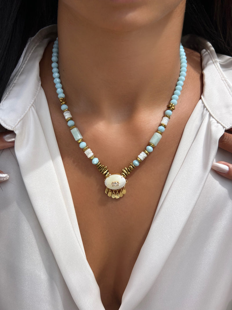 Colar Jade Azul E Madrepérola Com Gotas Penduradas 45cm