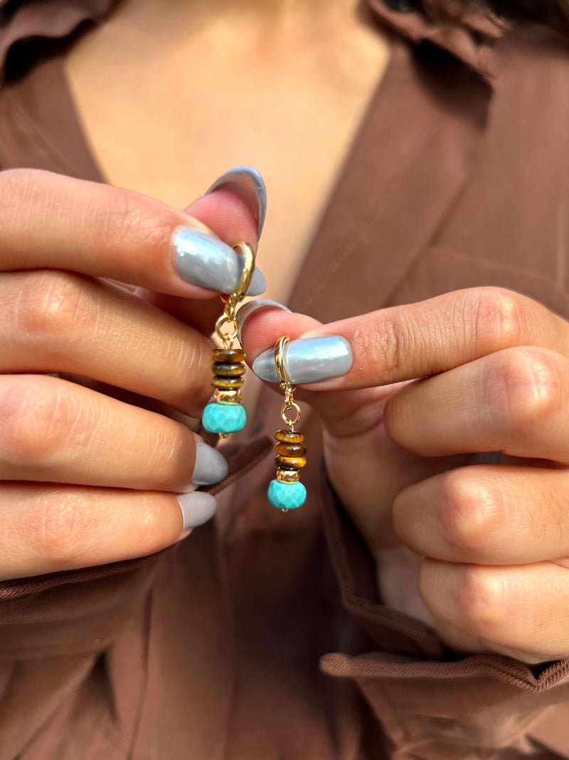 Brinco Argola Rodelas Olho de Tigre E Turquesa