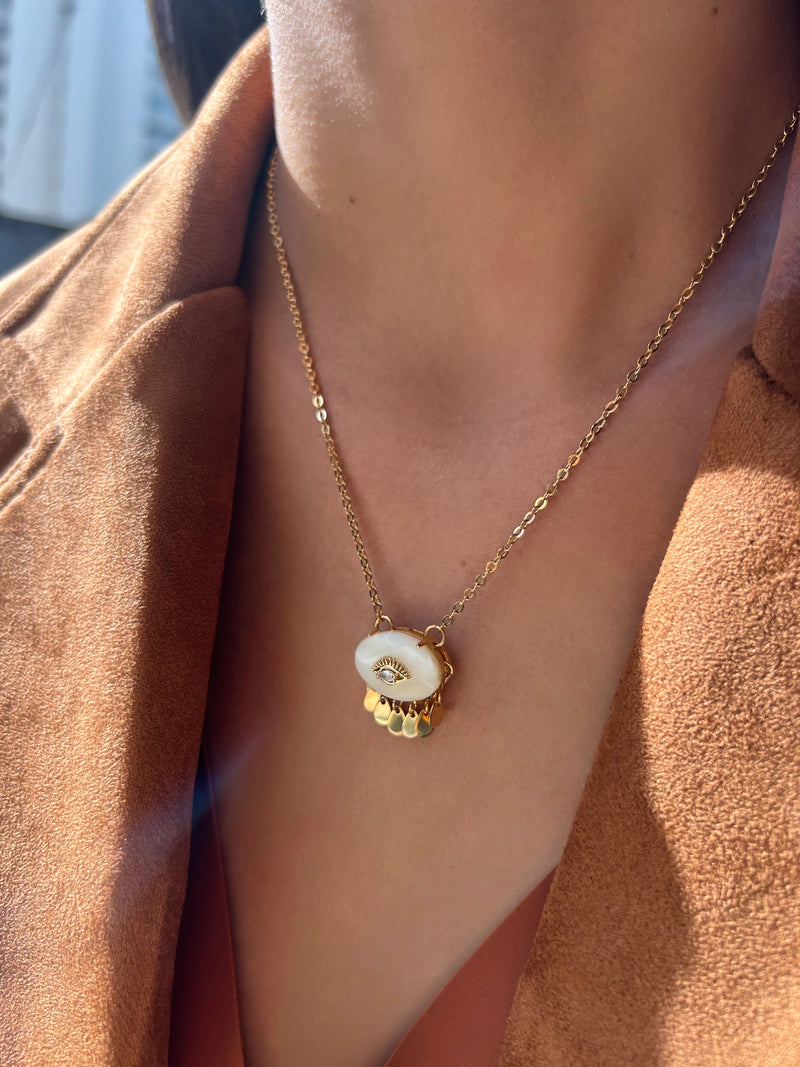 Colar Madrepérola Olho Cravejado E Pingente Gotas 45cm