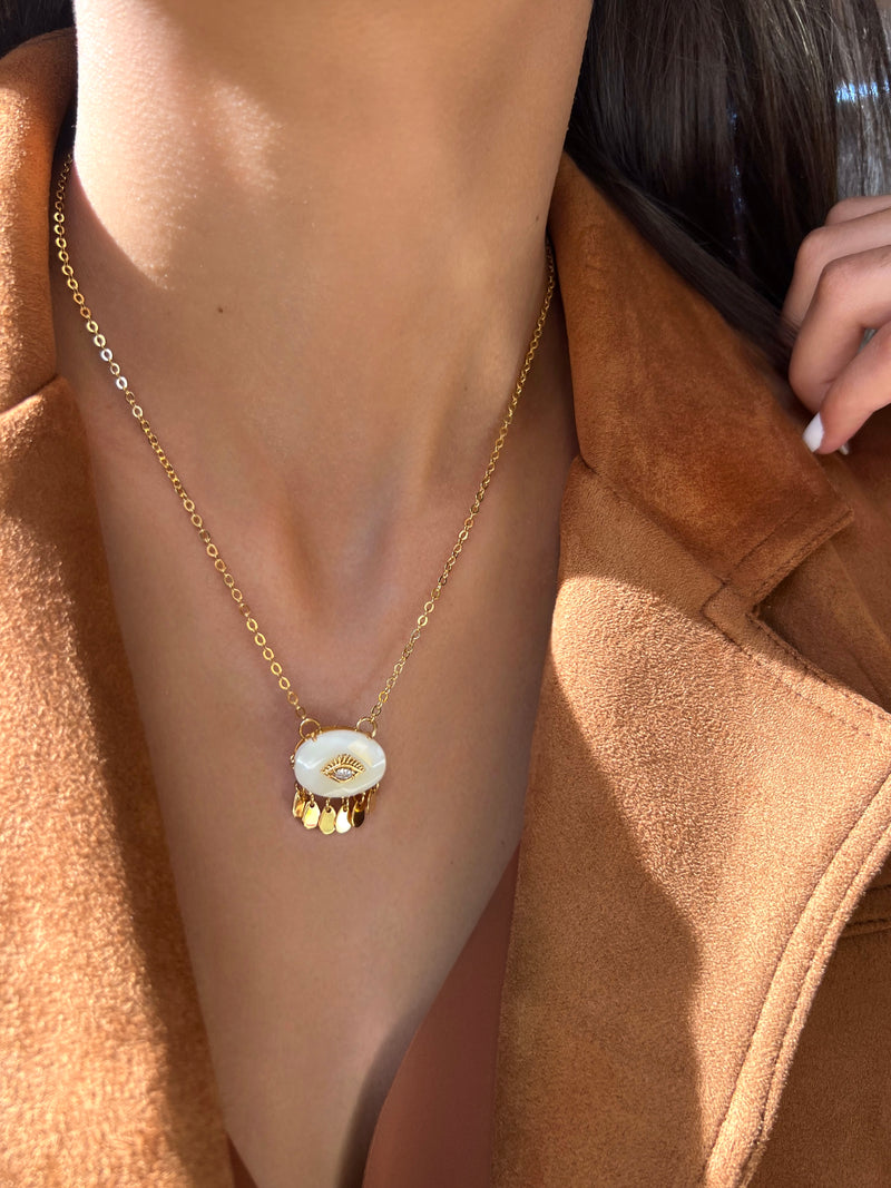 Colar Madrepérola Olho Cravejado E Pingente Gotas 45cm