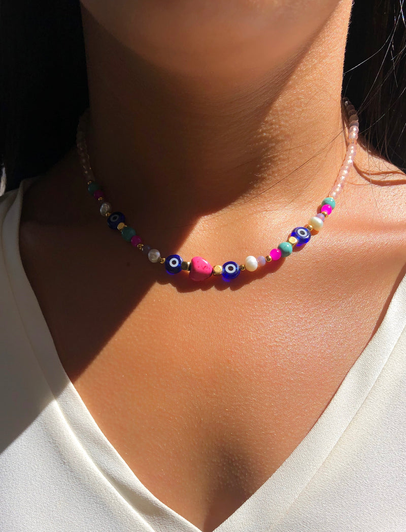 ÚLTIMA PEÇA!!! Conjunto De Pulseira E Colar Cristais Lapidados Cor Rosa, Pedras Naturais E Corações Pink