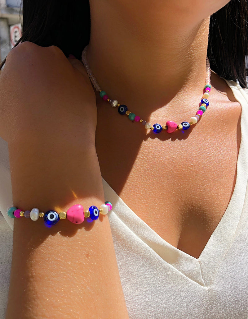 ÚLTIMA PEÇA!!! Conjunto De Pulseira E Colar Cristais Lapidados Cor Rosa, Pedras Naturais E Corações Pink