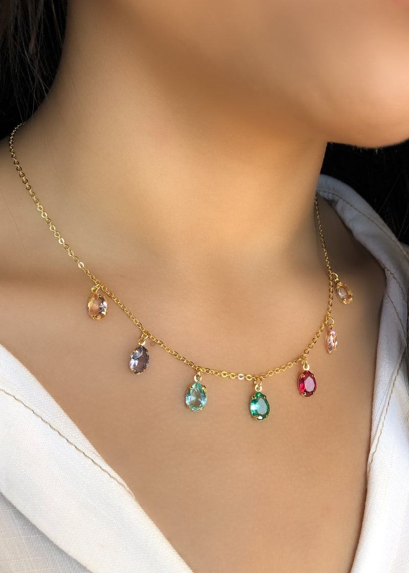 Colar Corrente Com Mini Gotas Cristais Lapidados Coloridos