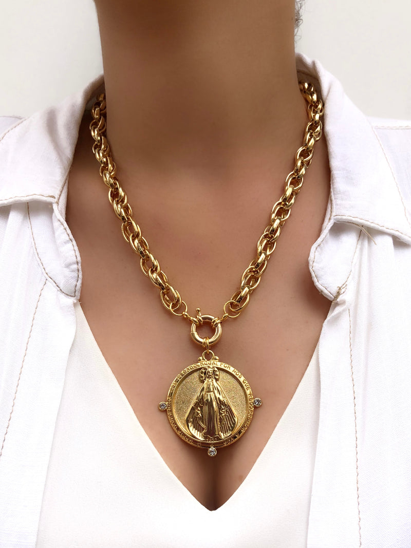 Colar Corrente Torcida Pingente Grande Nossa Senhora Das Graças 50cm