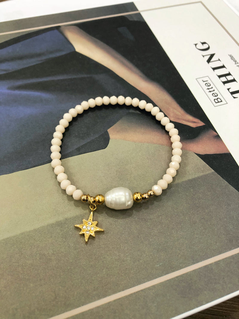 Pulseira Cristais Lapidados Cor Creme, Com Pérola Água Doce E Estrela Com Micro Zircônias Brancas