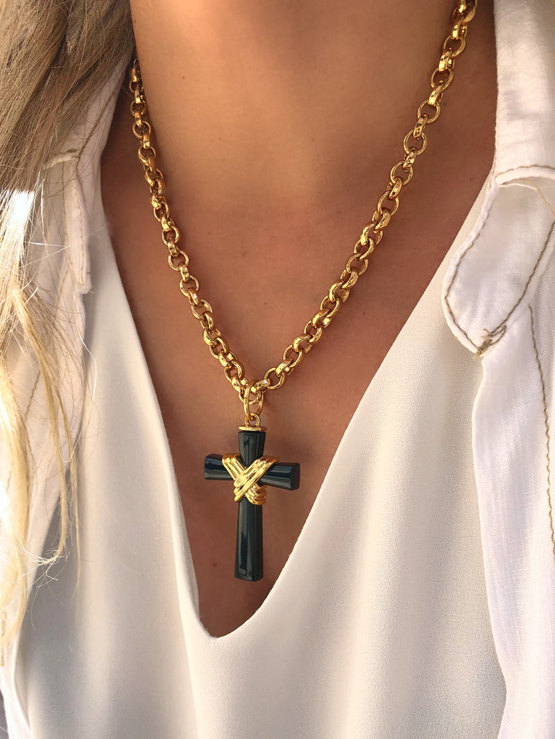 Colar Corrente Portuguesa Com Cruz Acrílico Preto 45cm