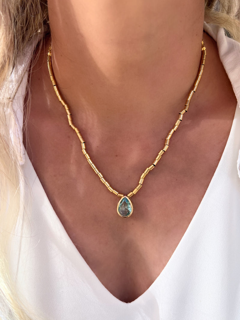 Colar Diana Com Gota Lapidada Cor Água Marinha 45cm