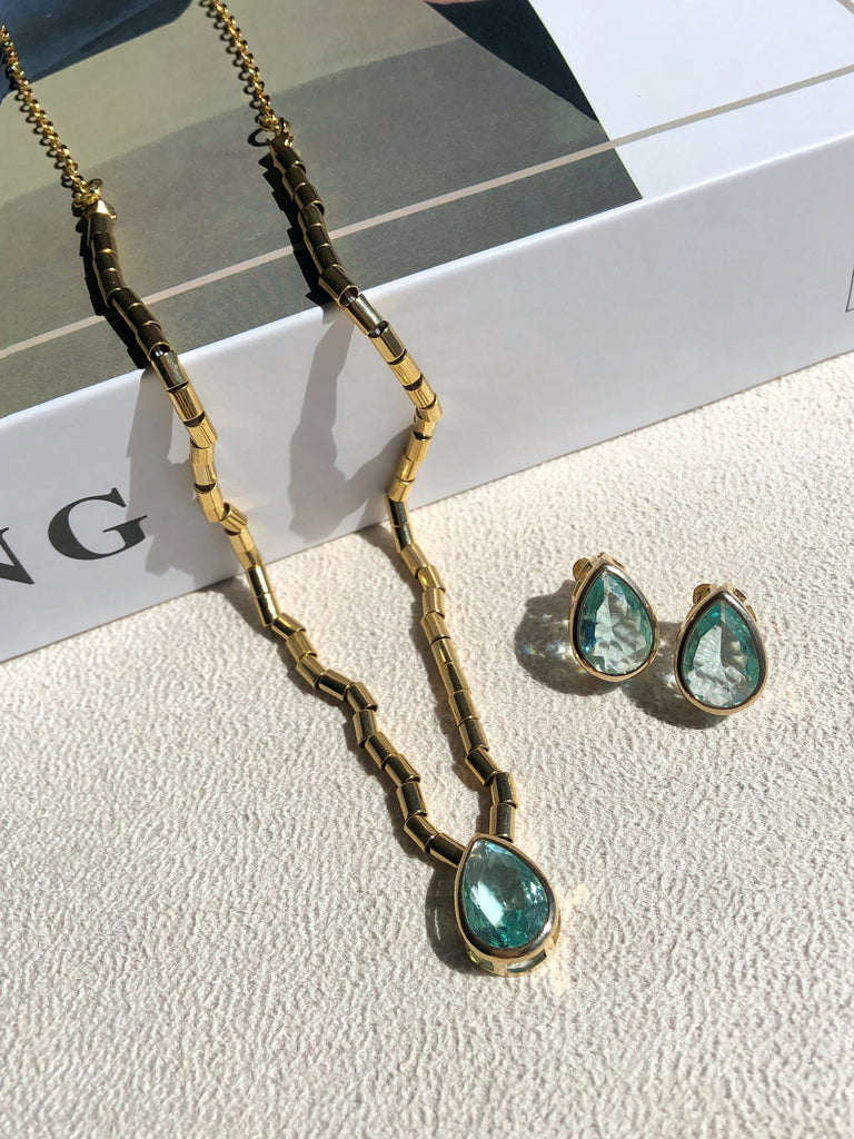 Conjunto Colar e Par De Brincos Diana Água Marinha