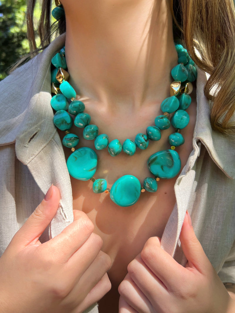 Mix De Dois Colares Amalfi E Capri Pedras Orgânicas Turquesa 45cm