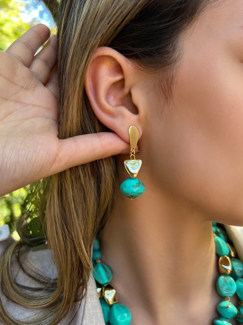 Brinco Metais Orgânicos E Pedra Acrílica Turquesa
